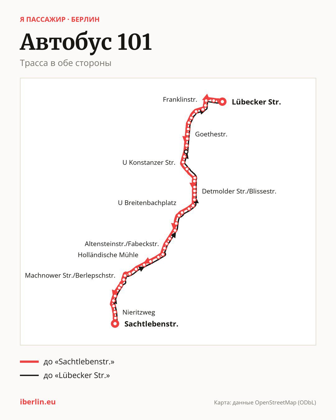 Автобус 101 в Берлине на карте: трасса в обе стороны