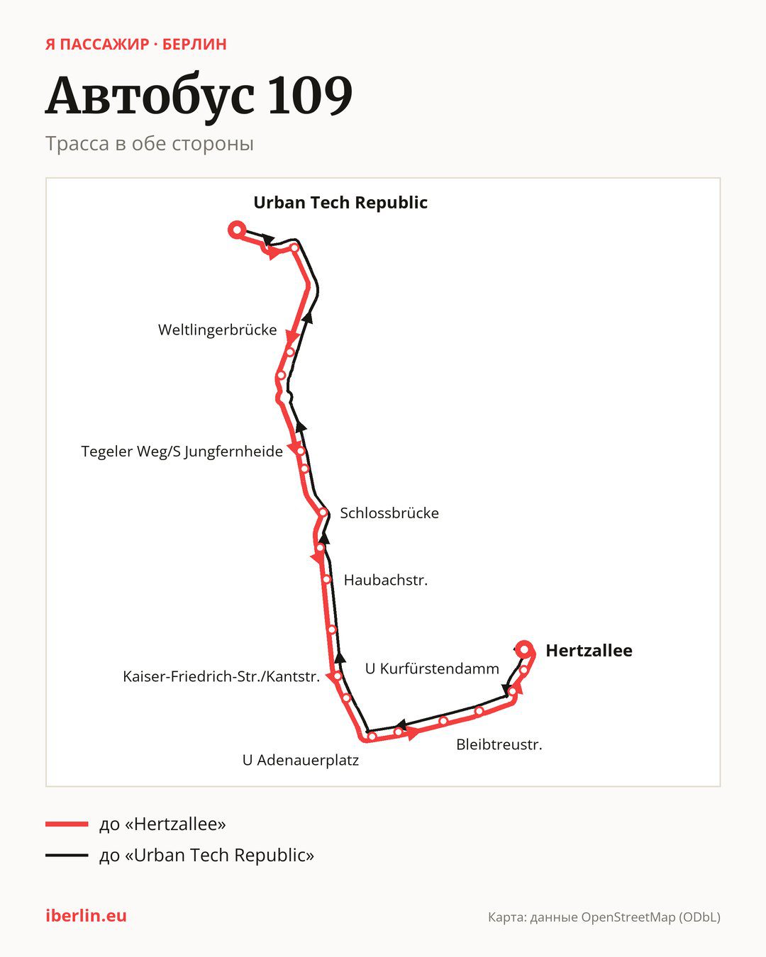 Автобус 109 в Берлине на карте: трасса в обе стороны