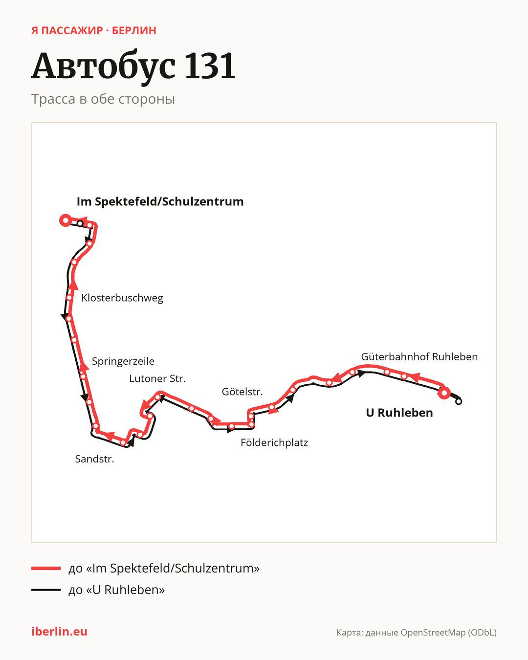 Автобус 131 в Берлине на карте: трасса в обе стороны