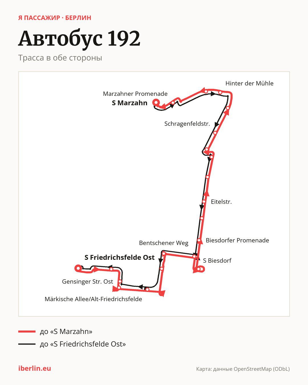 Автобус 192 в Берлине на карте: трасса в обе стороны