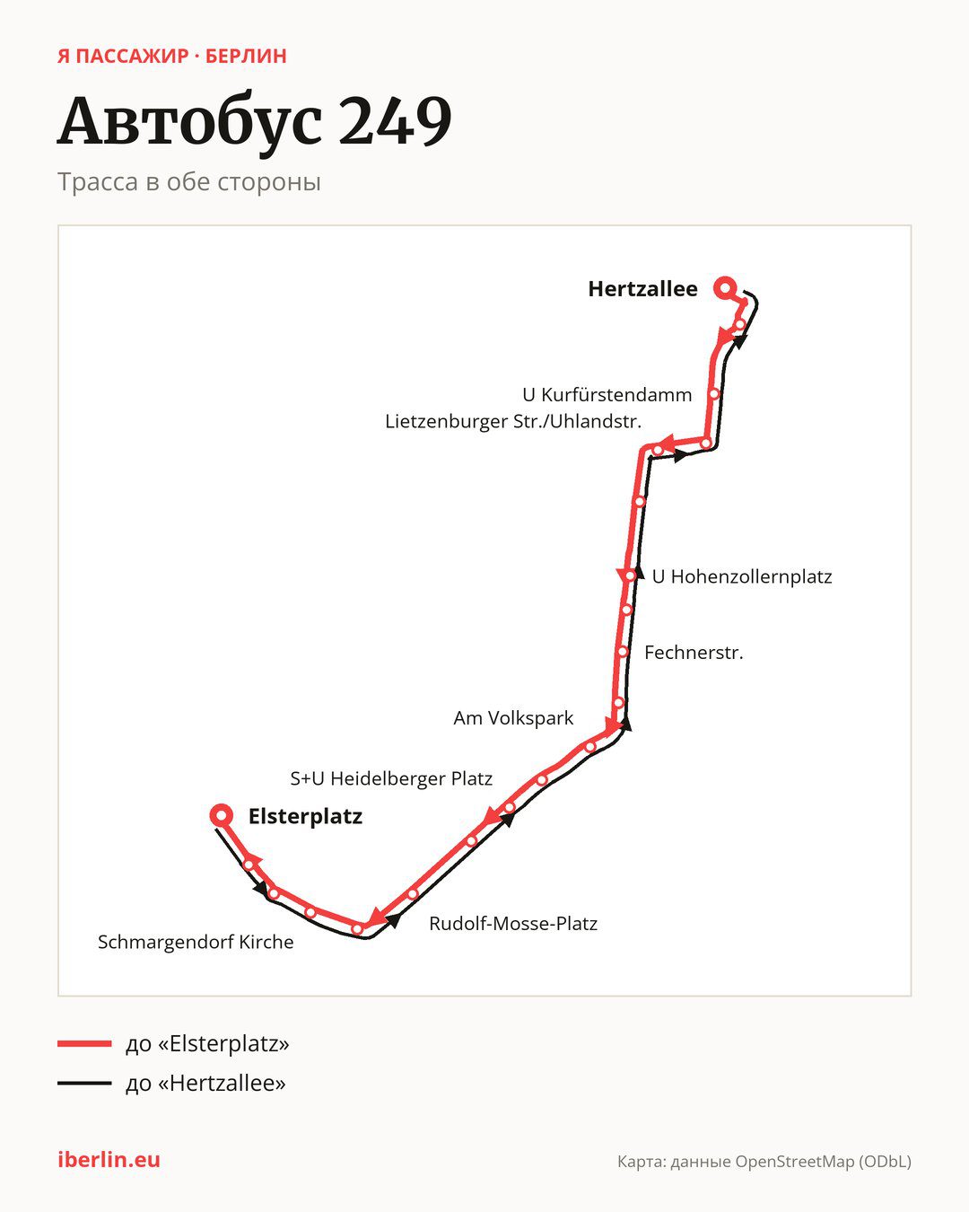 Автобус 249 в Берлине на карте: трасса в обе стороны