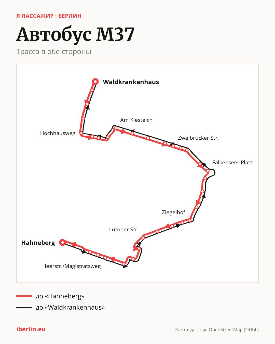 Автобус M37 в Берлине на карте: трасса в обе стороны