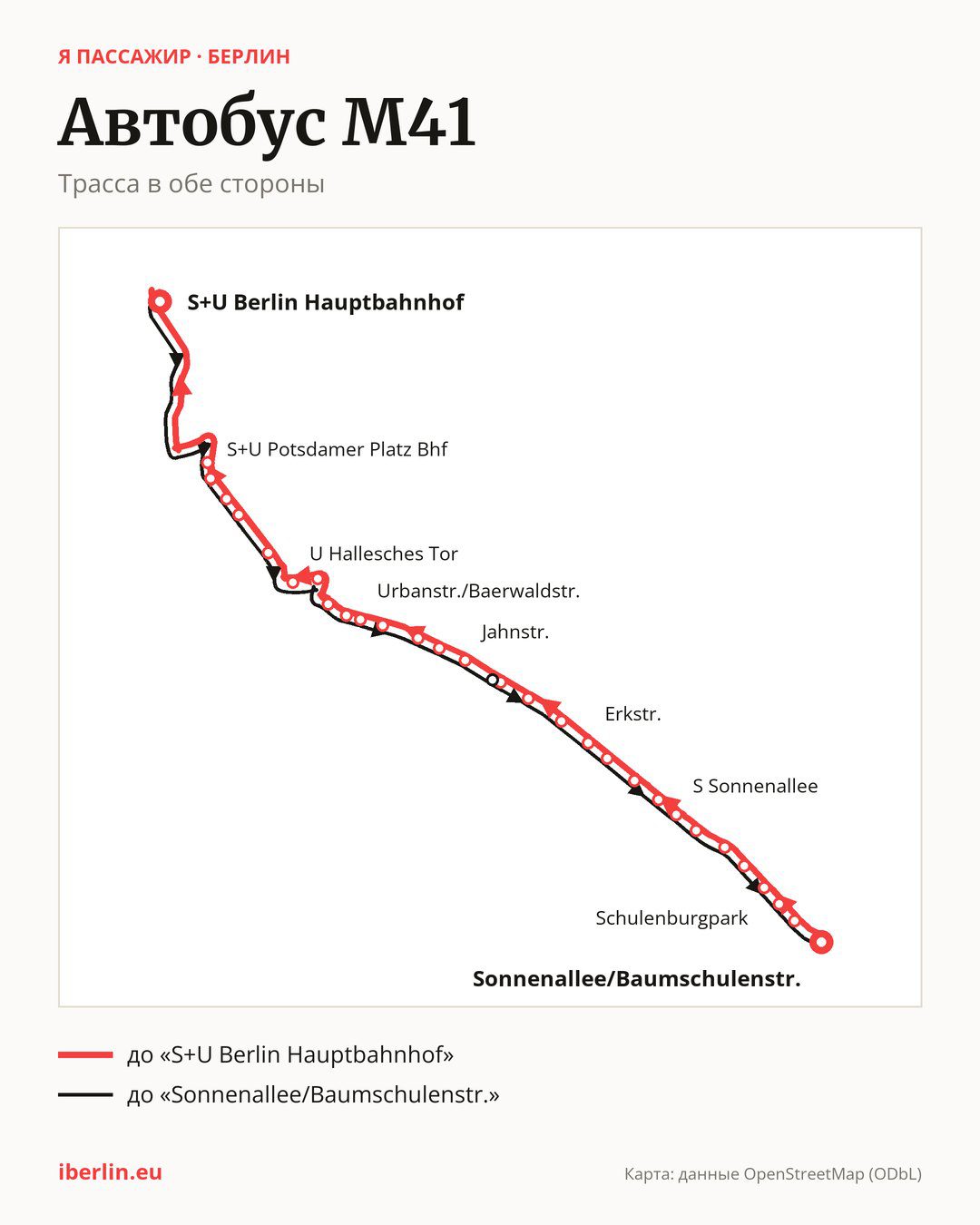 Автобус M41 в Берлине на карте: трасса в обе стороны